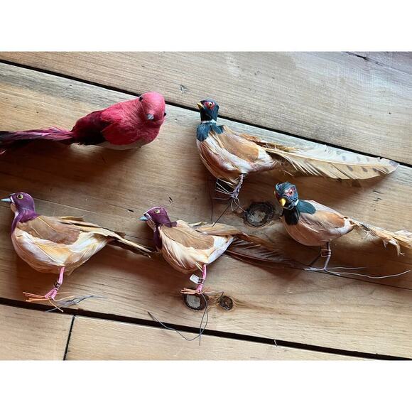 Lot of 5 Vintage Christmas Birds. Wired Feet. Feathers. Made in Japan.Red &Brown - Picture 2 of 8